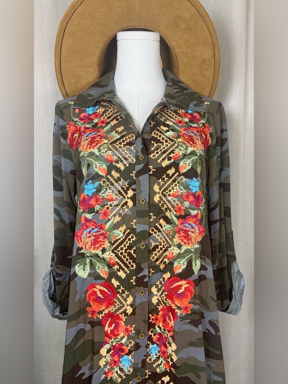 Savanna Jane Camo Floral Embroidered Button Down Duster Maxi Dress Boho Western